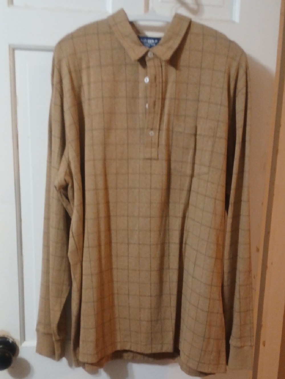 Men's Polo Golf Long-Sleeve Beige Windowpane Polo Shirt